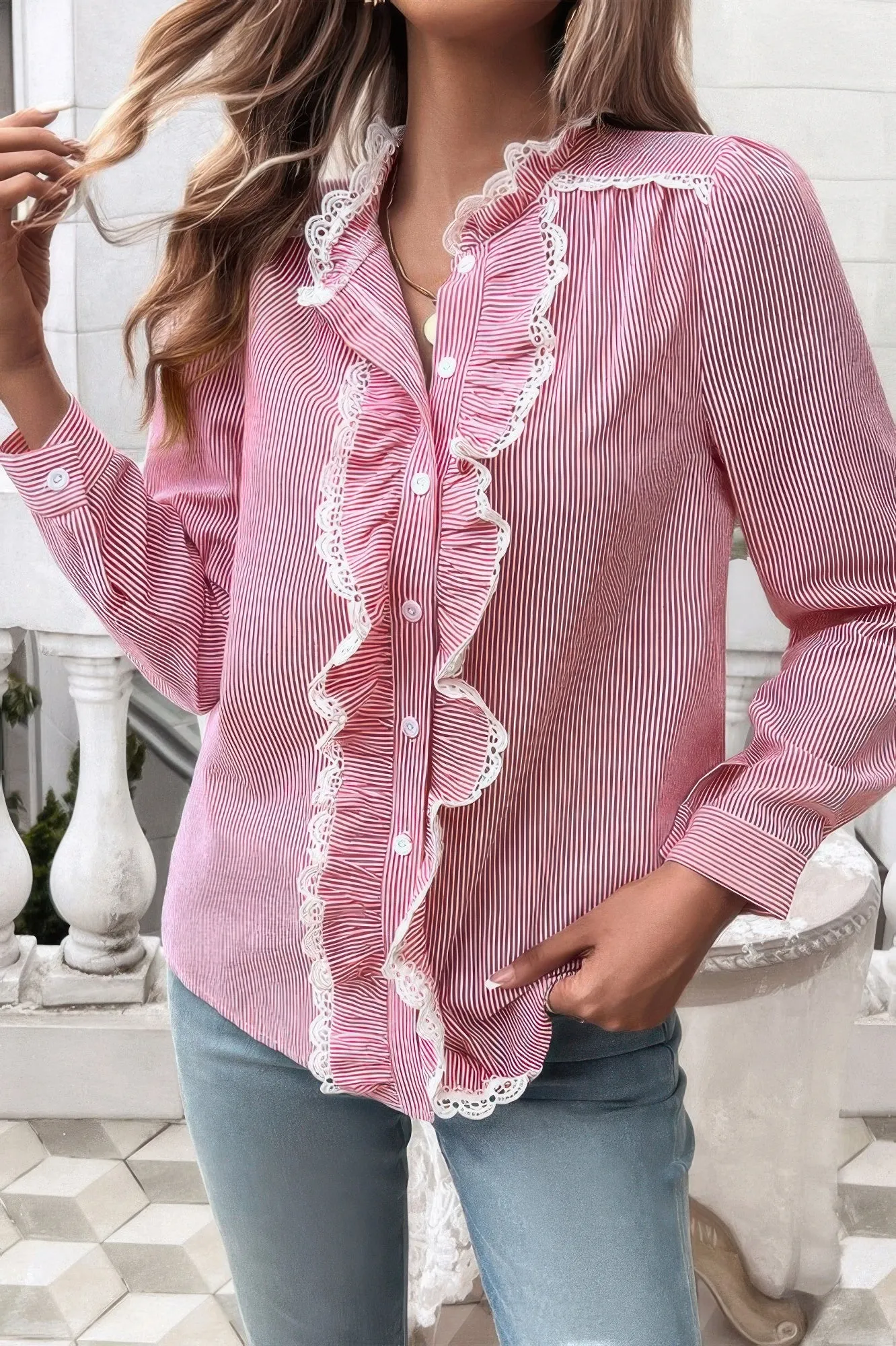 Striped Lace Mock Neck Ruffle Trim Blouse sold by Unique Kulture product image thumbnail 4