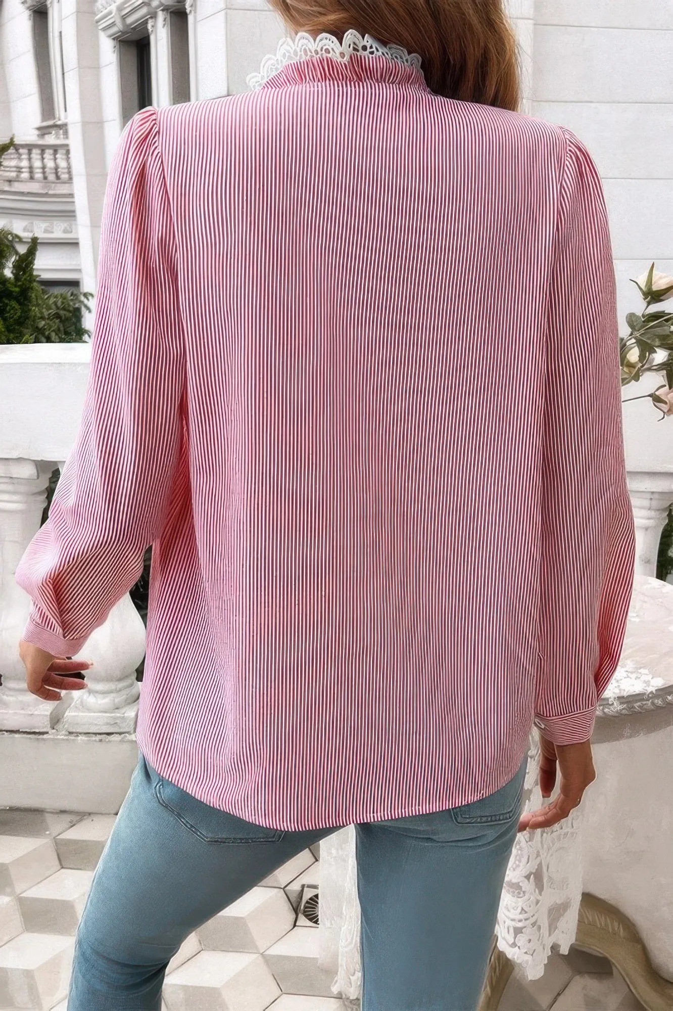 Striped Lace Mock Neck Ruffle Trim Blouse sold by Unique Kulture product image thumbnail 5