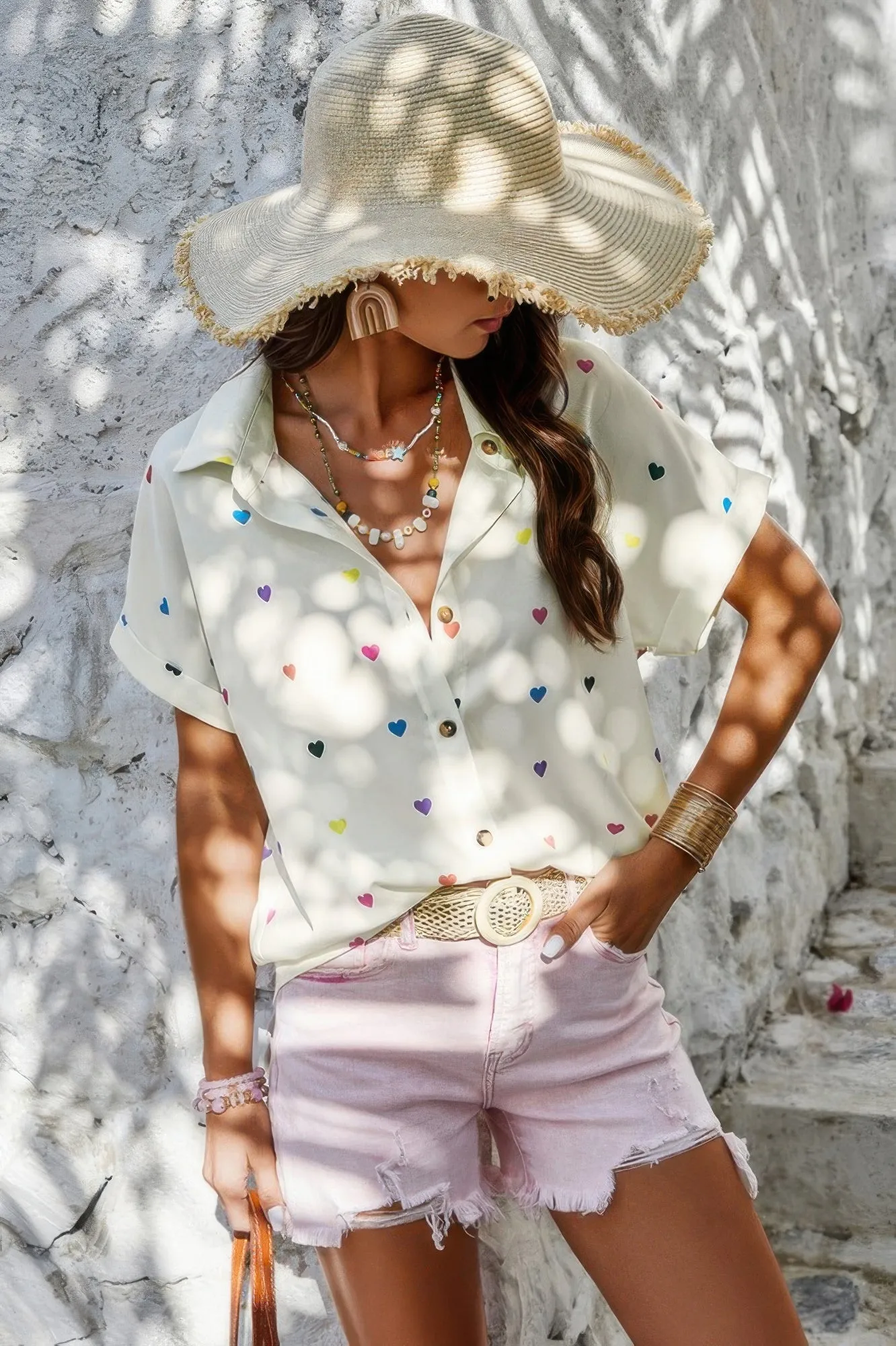 Heart Print Button Down Short Sleeve Loose Shirt sold by Unique Kulture product image thumbnail 4