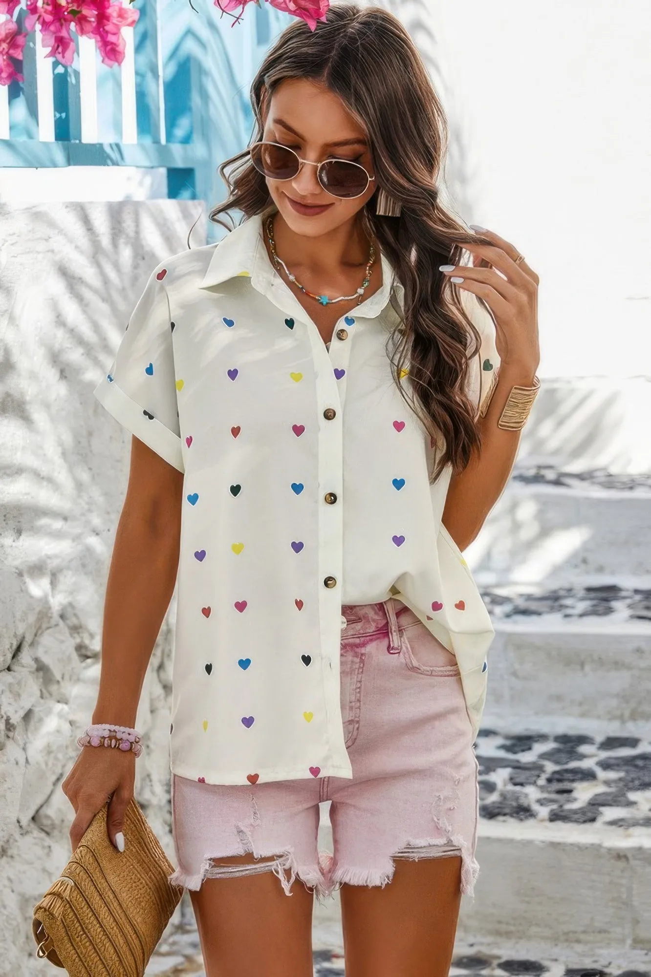 Heart Print Button Down Short Sleeve Loose Shirt sold by Unique Kulture product image thumbnail 3