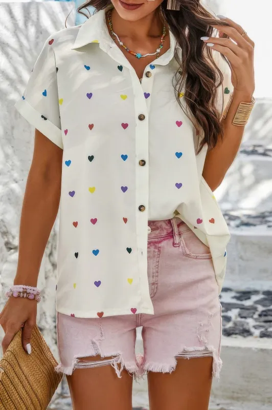 Heart Print Button Down Short Sleeve Loose Shirt sold by Unique Kulture