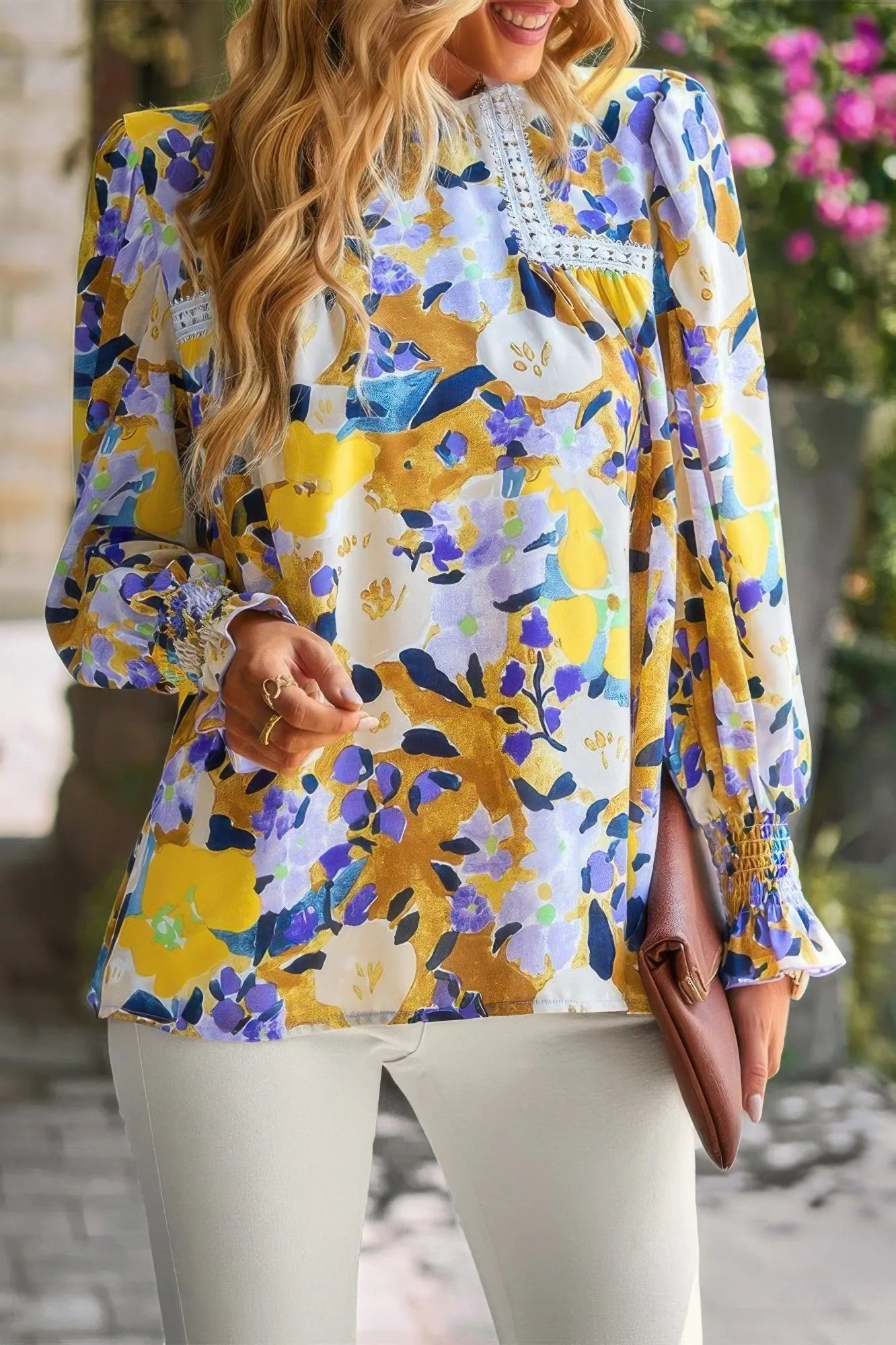 Floral Contrast Lace Trim Split Top sold by Unique Kulture product image thumbnail 5