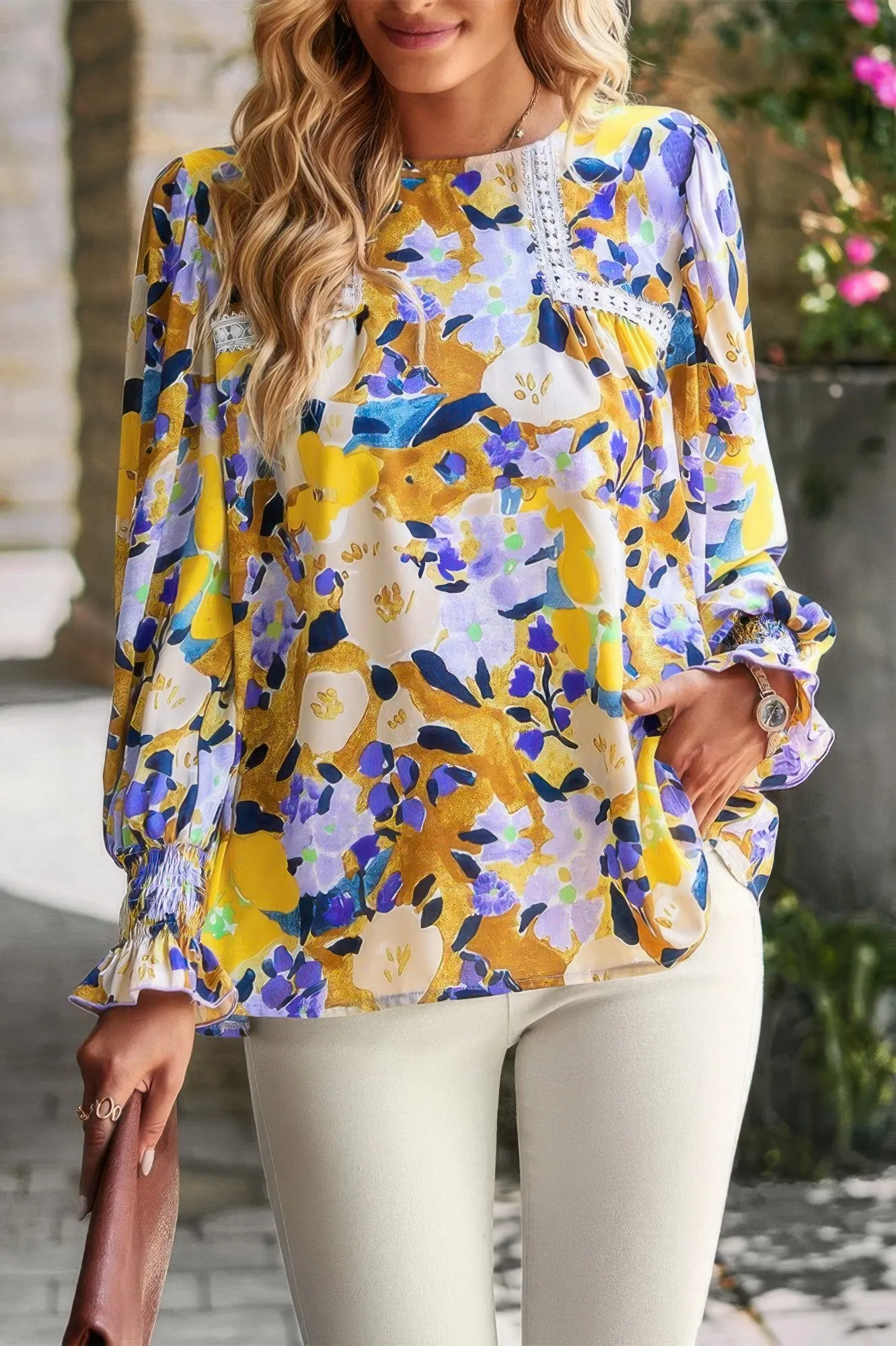 Floral Contrast Lace Trim Split Top sold by Unique Kulture product image thumbnail 4