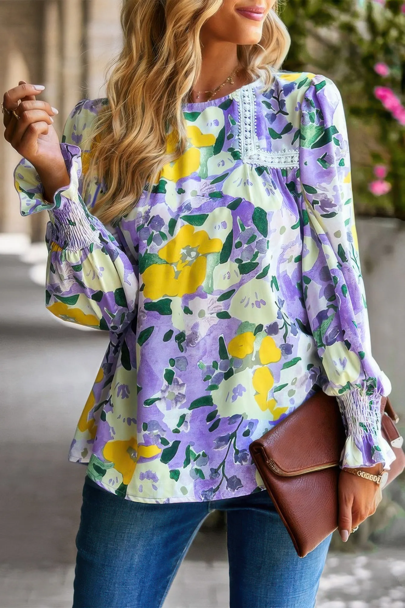 Floral Contrast Lace Trim Split Top sold by Unique Kulture product image thumbnail 3