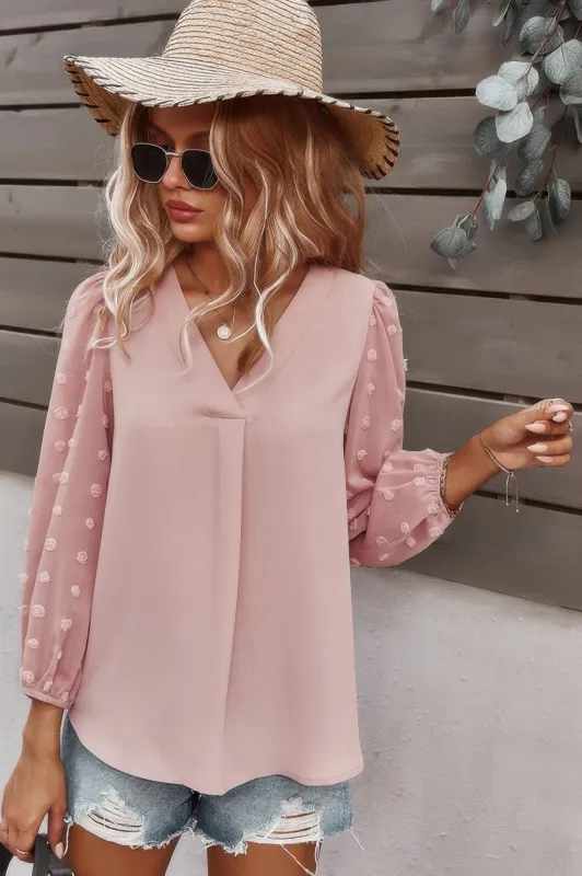 Solid V Neck Lantern Sleeve Swiss Dot Shirt sold by Unique Kulture