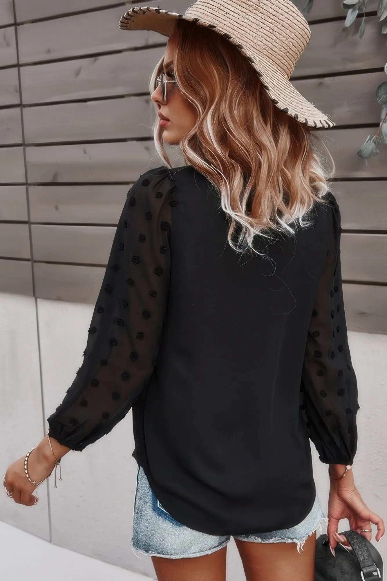 Solid V Neck Lantern Sleeve Swiss Dot Shirt sold by Unique Kulture product image thumbnail 4