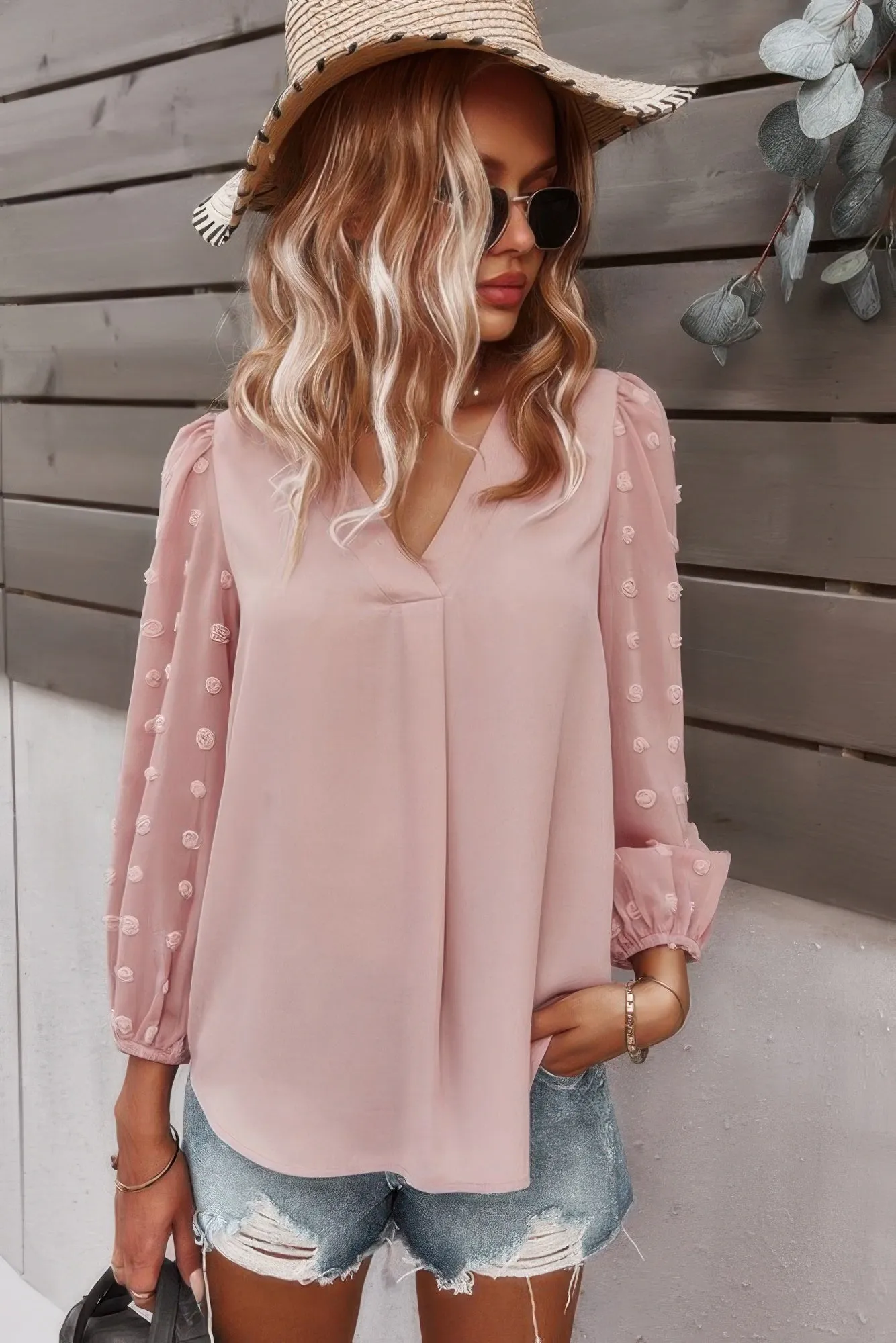 Solid V Neck Lantern Sleeve Swiss Dot Shirt sold by Unique Kulture product image thumbnail 2