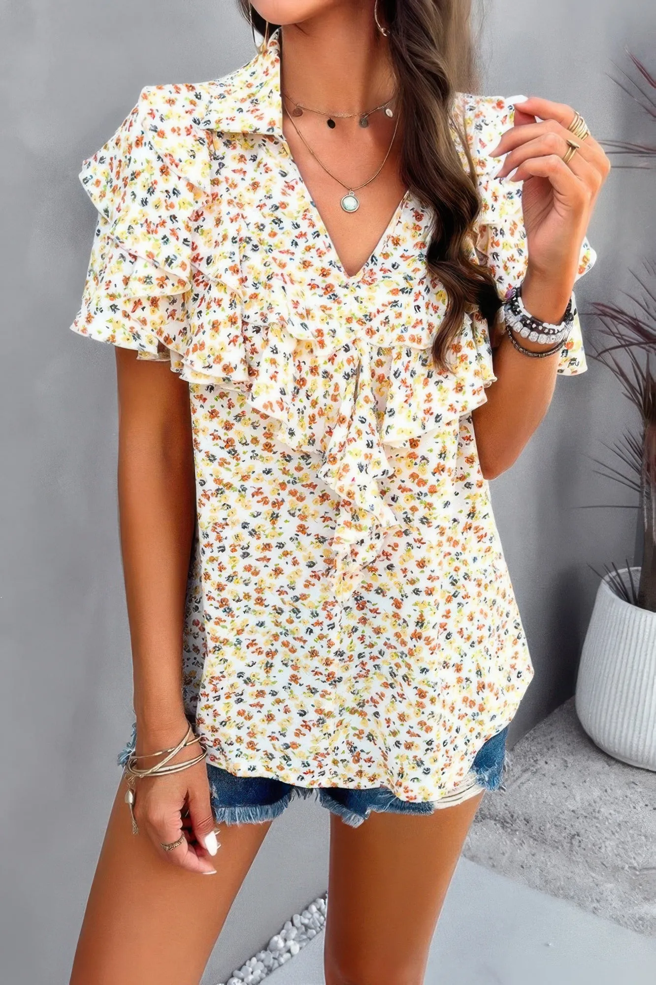 Floral Printed Ruffle Sleeve V Neck Loose Blouse sold by Unique Kulture product image thumbnail 4