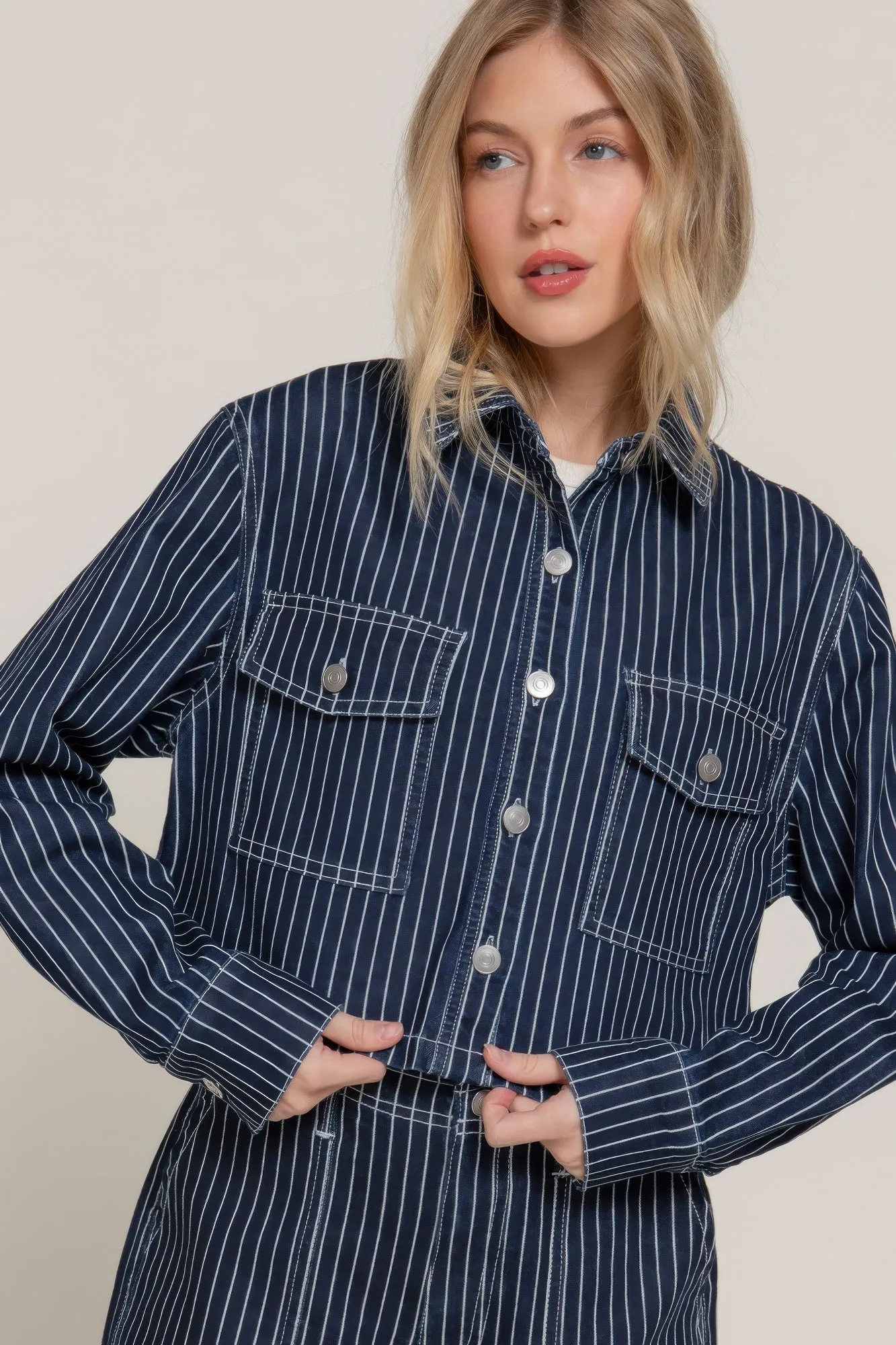 Button Down Stripe Denim Short Jacket sold by Unique Kulture product image thumbnail 3
