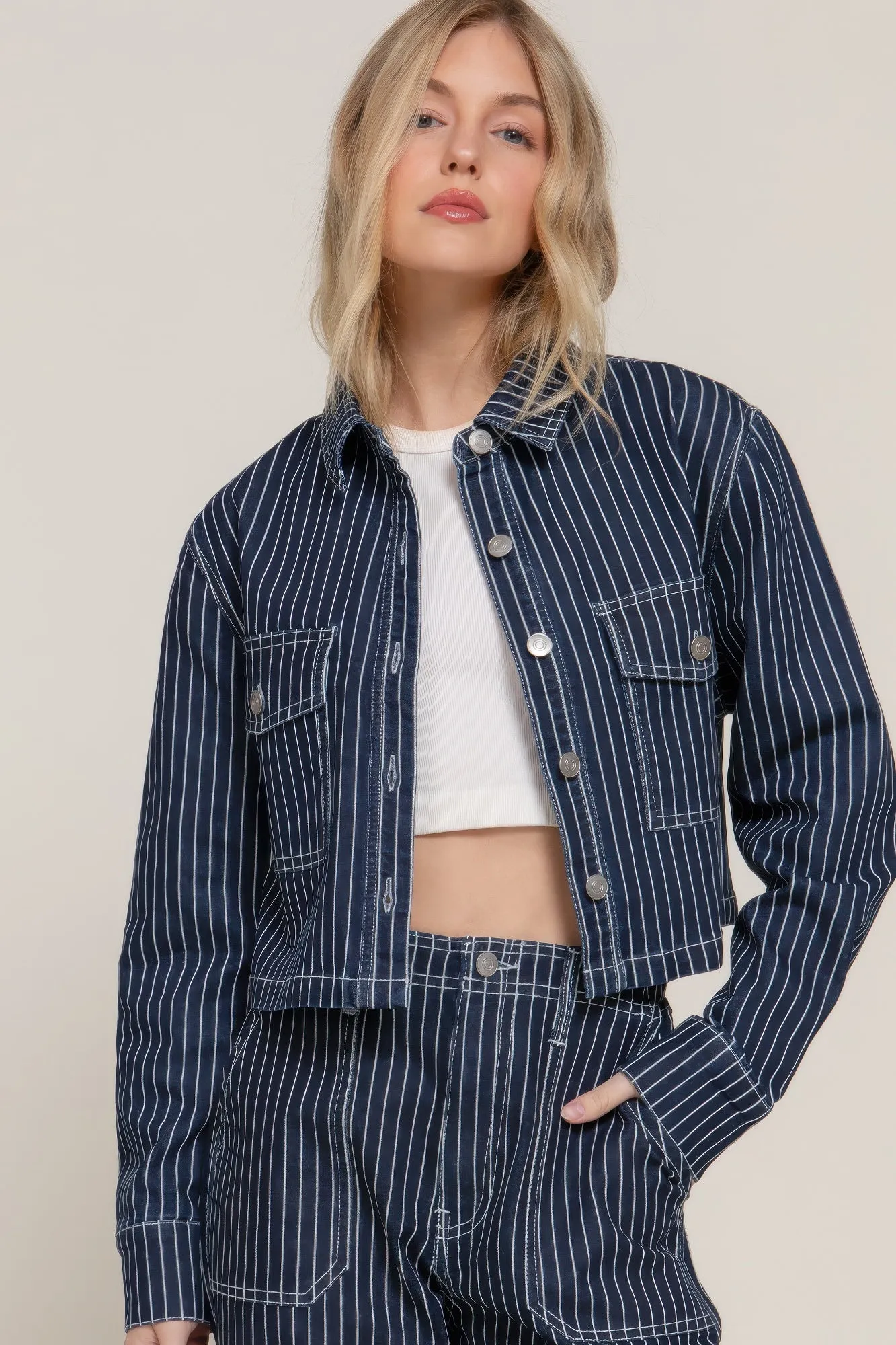 Button Down Stripe Denim Short Jacket sold by Unique Kulture