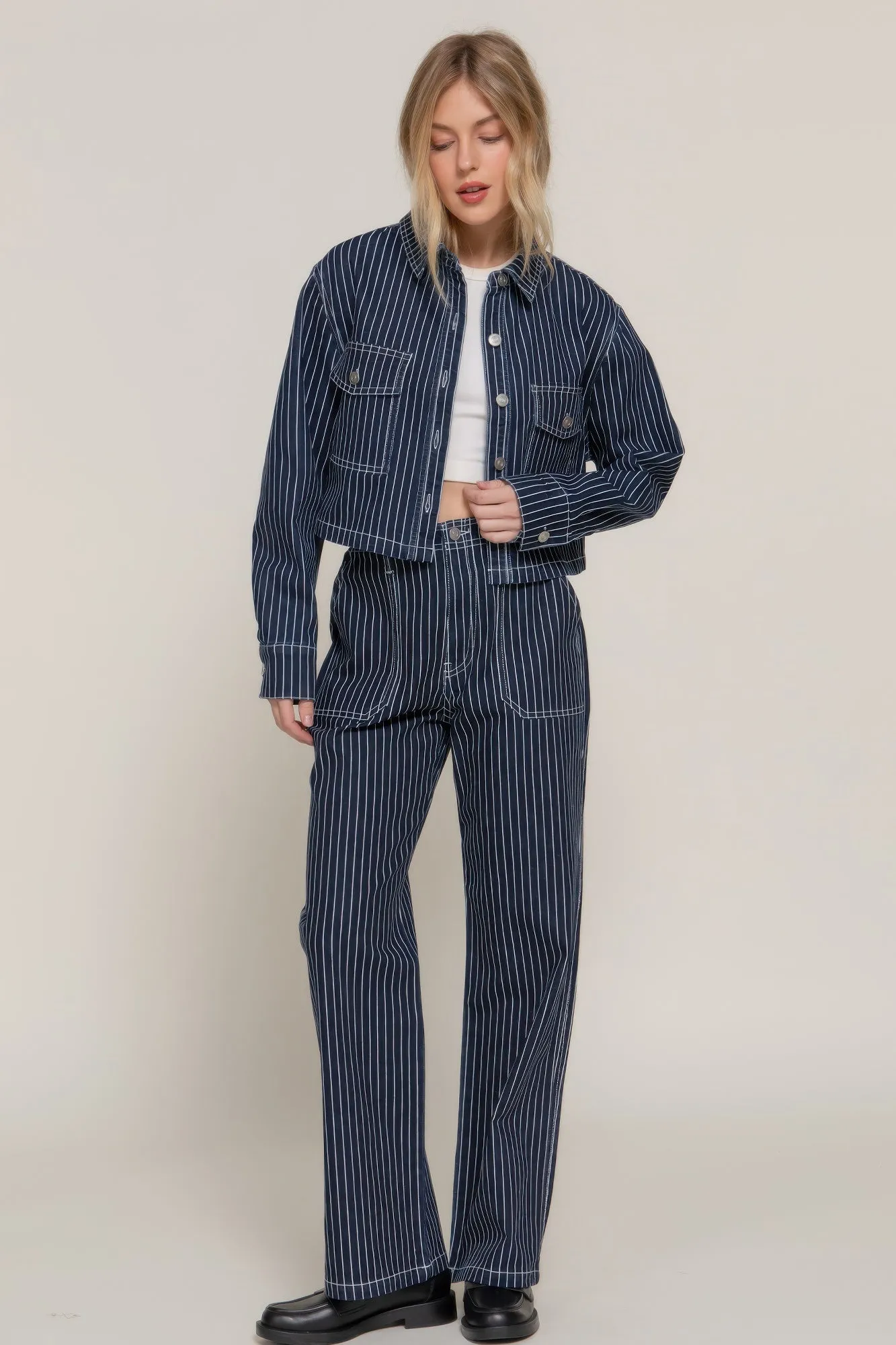 Button Down Stripe Denim Short Jacket sold by Unique Kulture product image thumbnail 2