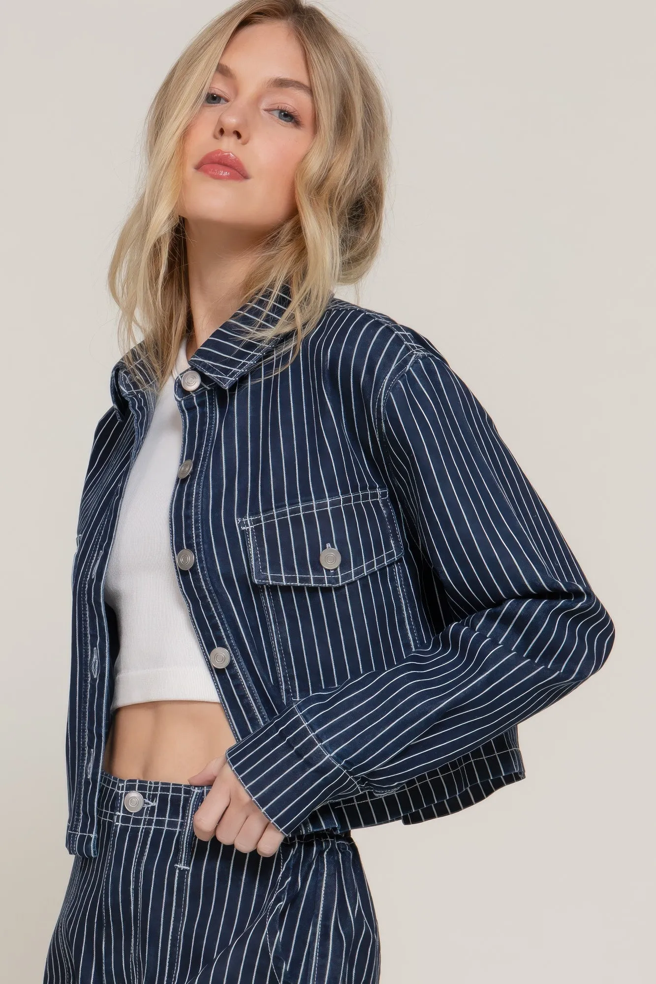 Button Down Stripe Denim Short Jacket sold by Unique Kulture product image thumbnail 4
