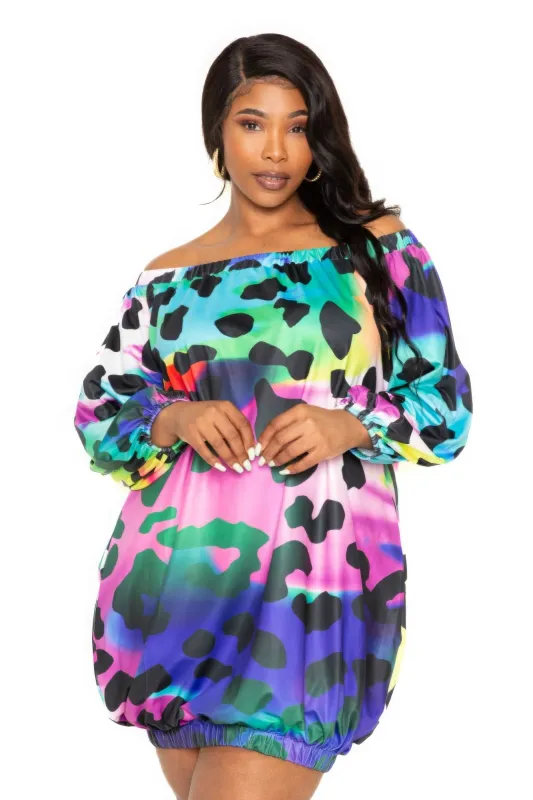 Electric leopard off shoulder bubble mini dress made by C.C