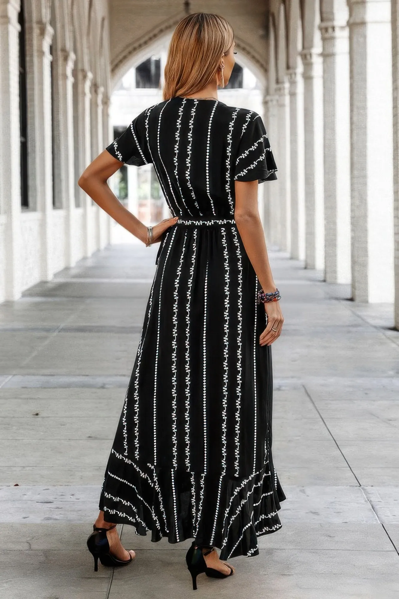 Strip Knot Belt Split V Neck Hem Ruffle Fit Dress sold by Unique Kulture product image thumbnail 5