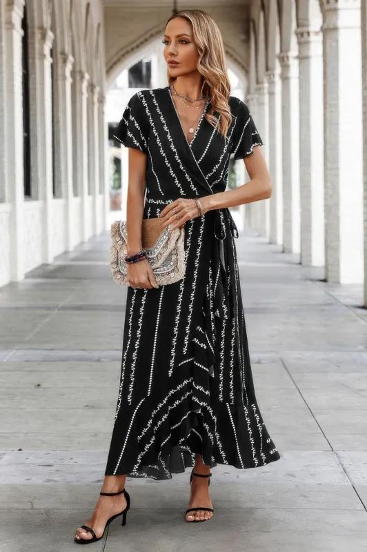Strip Knot Belt Split V Neck Hem Ruffle Fit Dress made by C.C