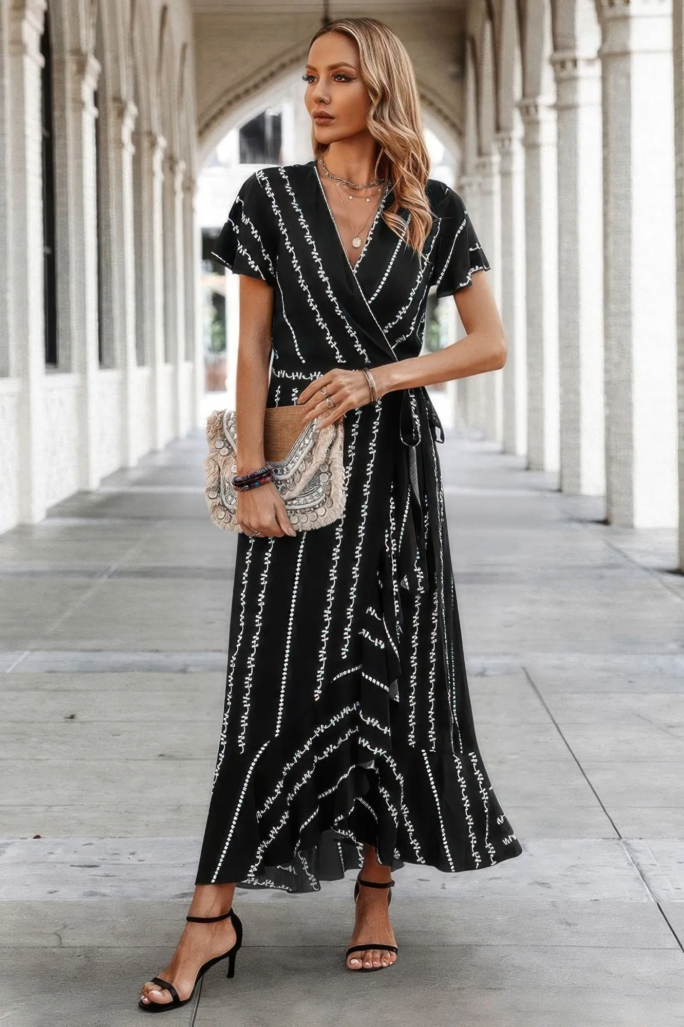 Strip Knot Belt Split V Neck Hem Ruffle Fit Dress sold by Unique Kulture