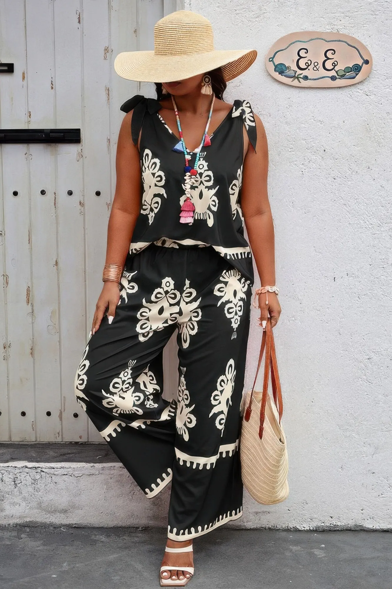 Plus Size Printed Knot Shoulder Wide Leg Sets sold by Unique Kulture product image thumbnail 5