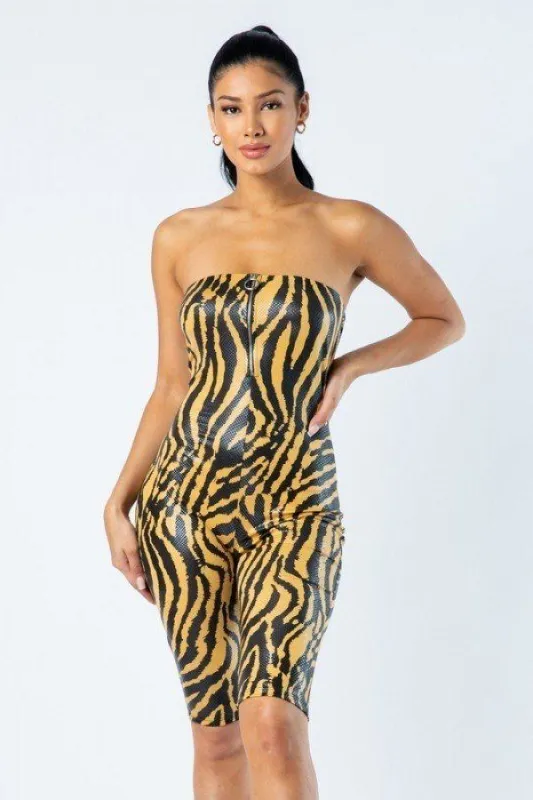 Zebra Print Tube Romper With Front O Ring Zipper Detail made by C.C
