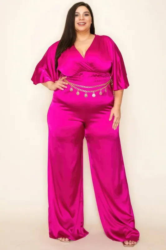 Satin Wrap Front Short Sleeve Smocked Waist Jumpsuit made by C.C