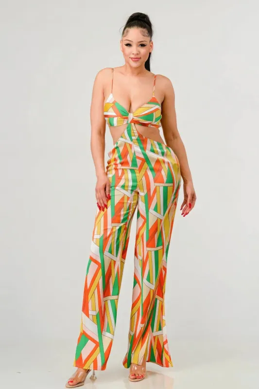 Luxe geo print satin bra top and palazzo jumpsuit sold by Unique Kulture