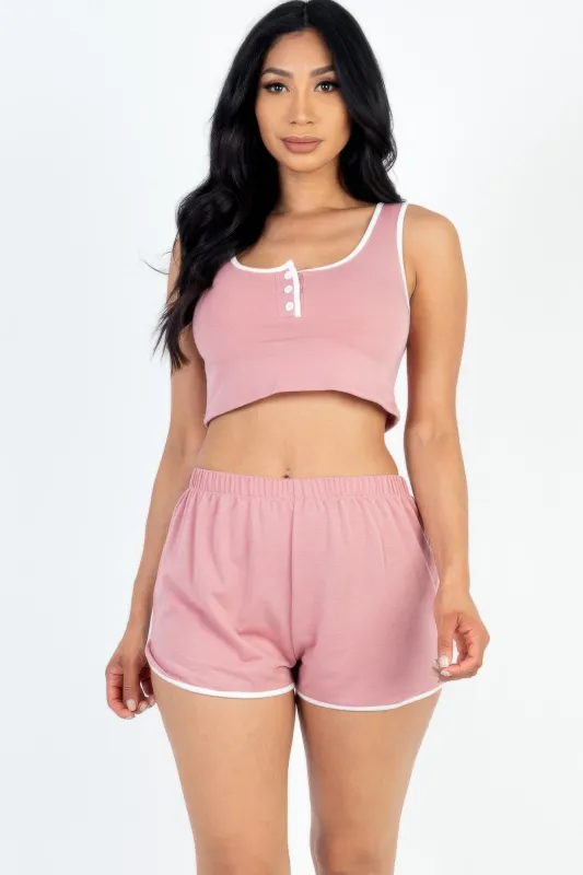 Casual French Terry Sleeveless Button Front Contrast Trim Cropped Tank Top And Shorts Set made by C.C