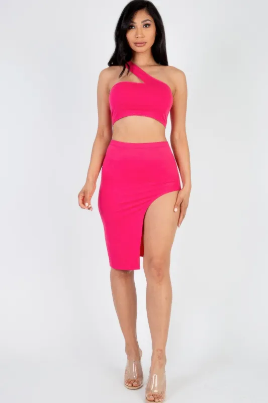 Sexy Solid One Shoulder Crop Top & Split Thigh Midi Skirt Set sold by Unique Kulture