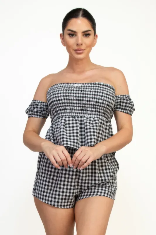 Off-shoulder Smock Gingham Top & Mini Short Sets sold by Unique Kulture