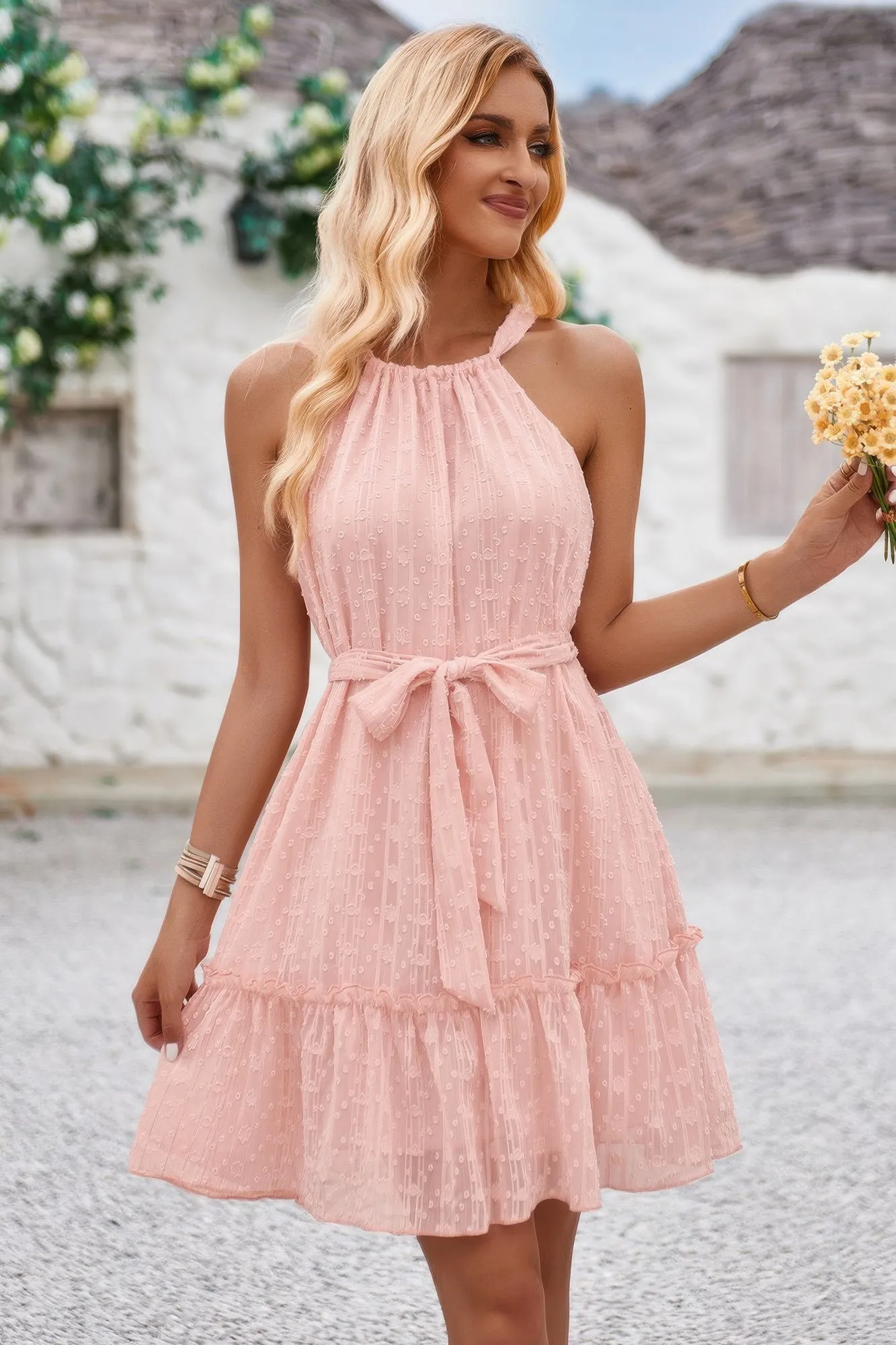 Solid Halter Neck Sleeveless Waist Tie Ruffle Dres sold by Unique Kulture product image thumbnail 5