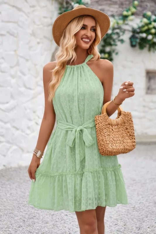 Solid Halter Neck Sleeveless Waist Tie Ruffle Dres sold by Unique Kulture