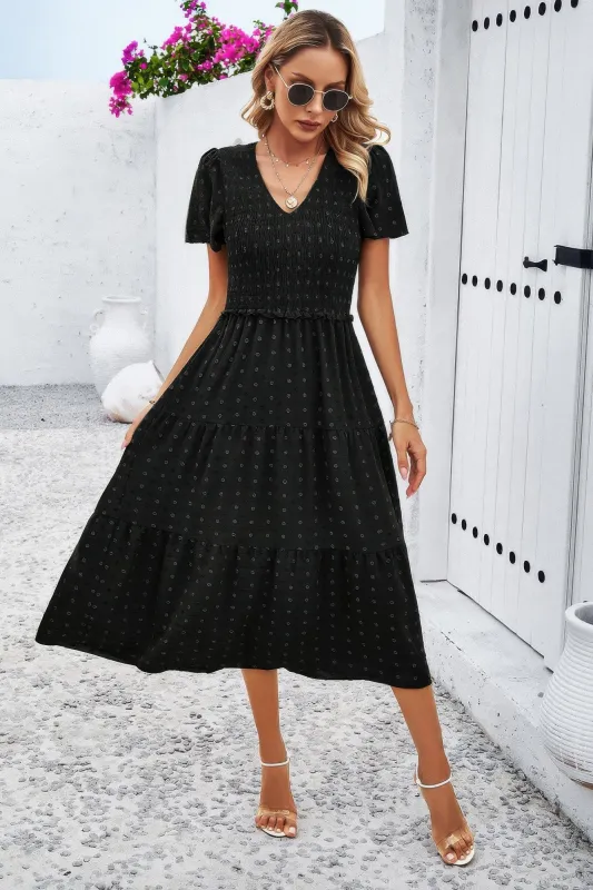 Elegant Ruched V Neck Short Sleeve Pleated Dress sold by Unique Kulture