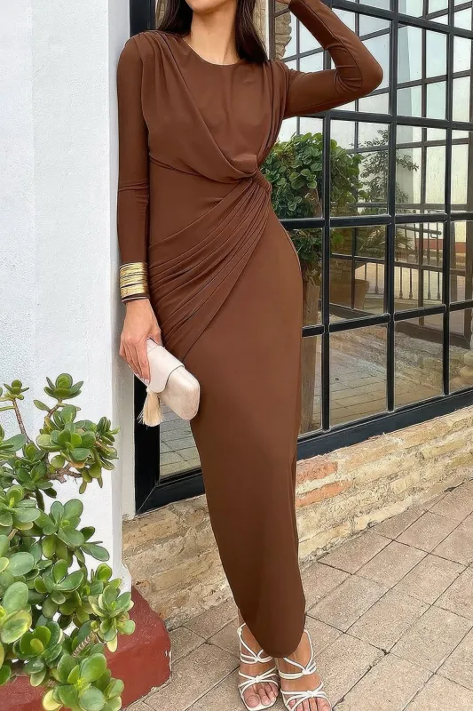 Elegant Round Neck Solid Ruched Wrap Hem Dress made by Unique Kulture