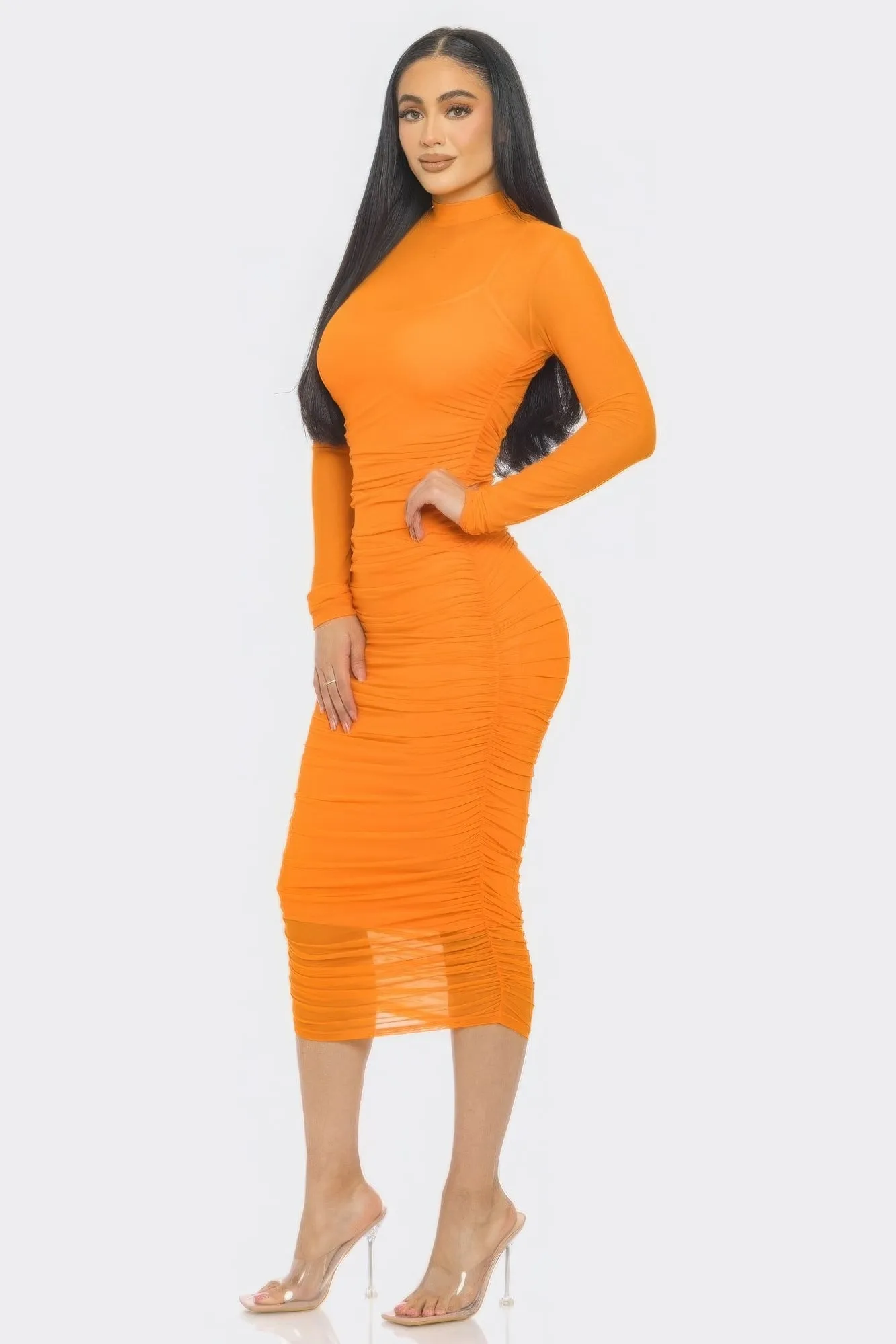 Solid Mesh Ruched Midi Dress sold by Unique Kulture product image thumbnail 3