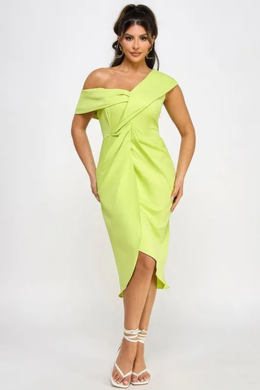 Off Shoulder Twist Front Midi Dress with Tulip Skirt – Lime, Elegant Statement | Unique Kulture made by Unique Kulture