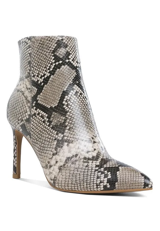Unique Kulture Tatria Textured Stiletto Heel Ankle Boots – Snake Print Faux Leather made by Unique Kulture