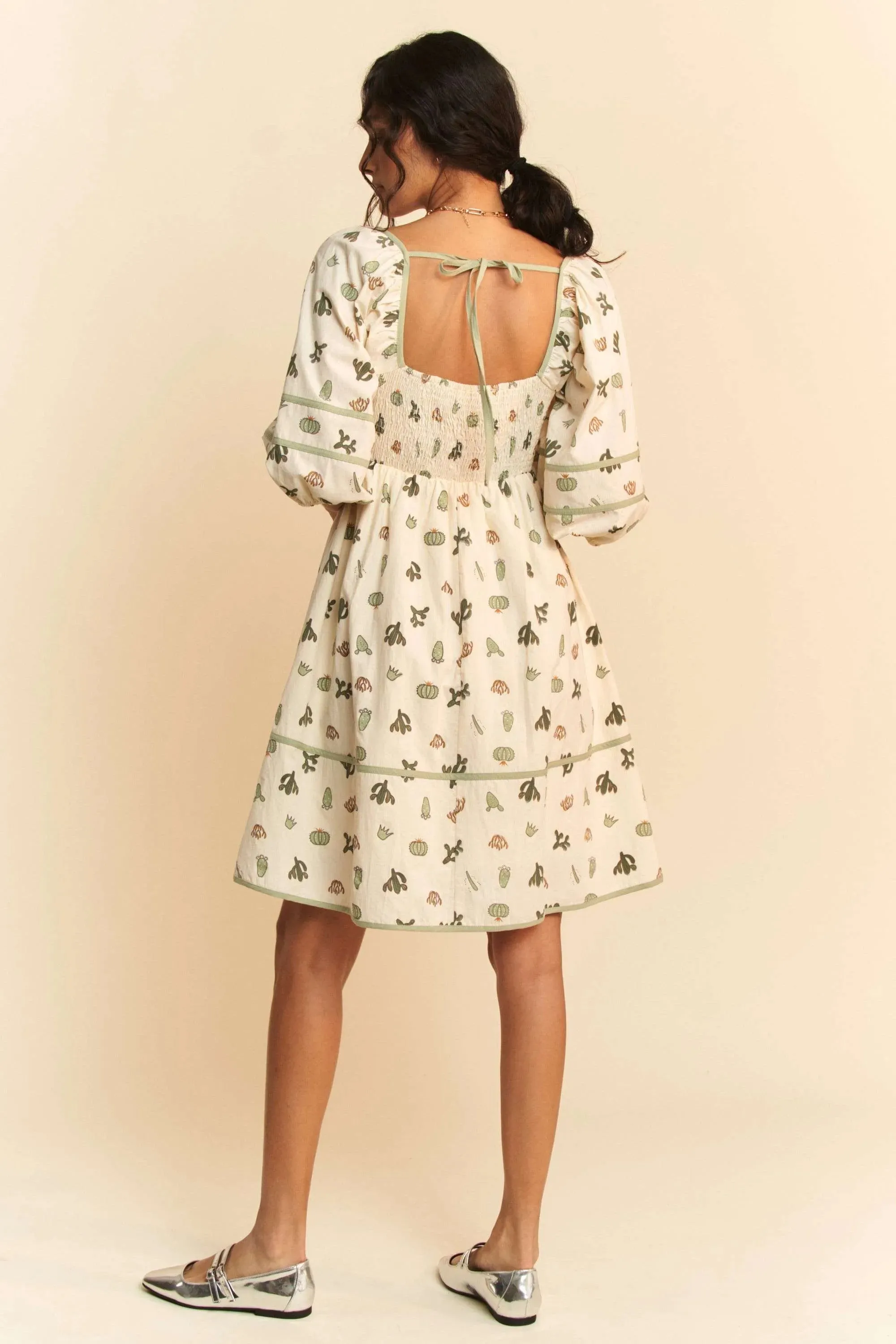Cactus Print Poplin Mini Dress with Contrast Piping – Whimsical Summer Style | Unique Kulture sold by Unique Kulture product image thumbnail 4