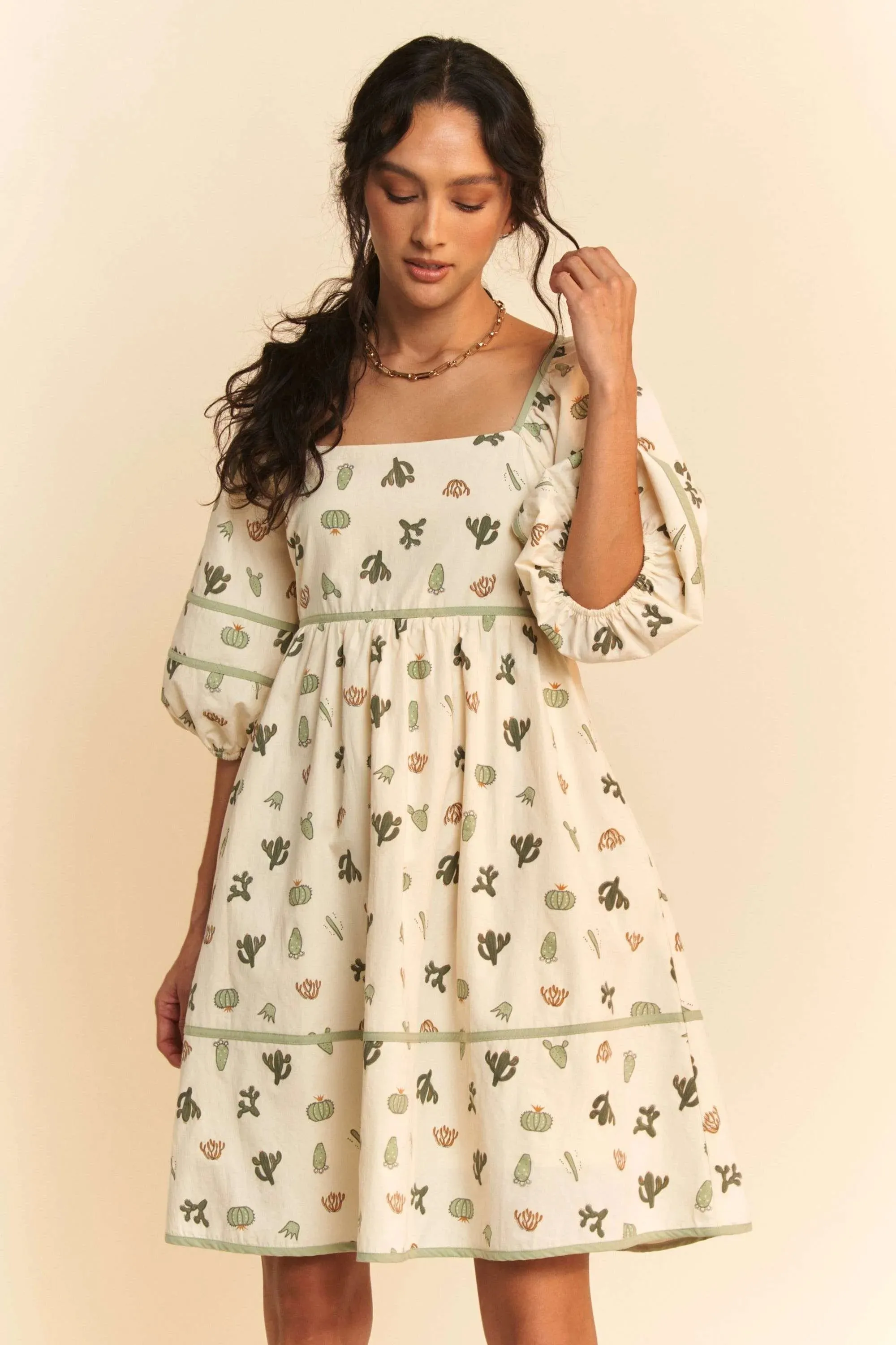 Cactus Print Poplin Mini Dress with Contrast Piping – Whimsical Summer Style | Unique Kulture sold by Unique Kulture product image thumbnail 2
