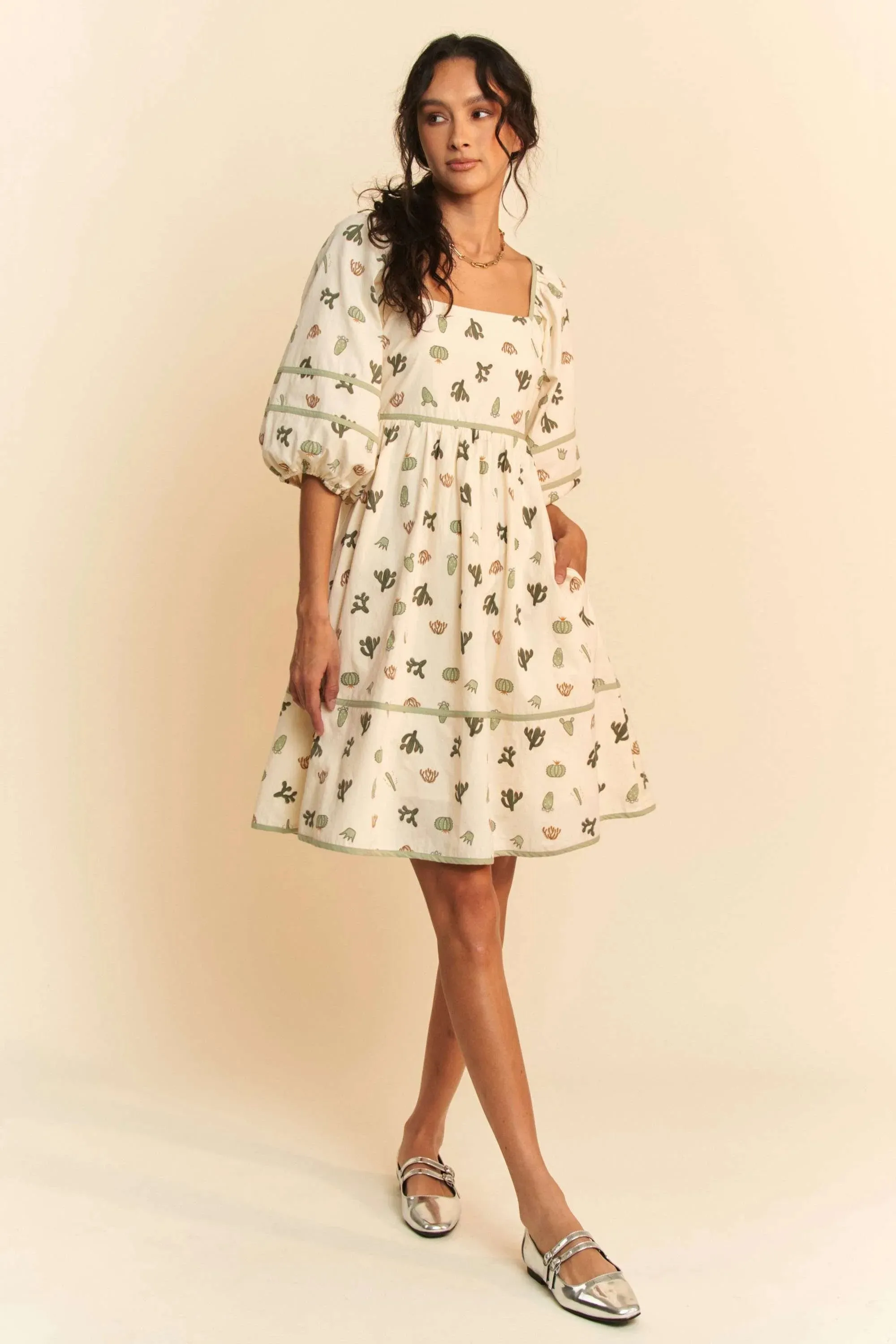 Cactus Print Poplin Mini Dress with Contrast Piping – Whimsical Summer Style | Unique Kulture sold by Unique Kulture product image thumbnail 3