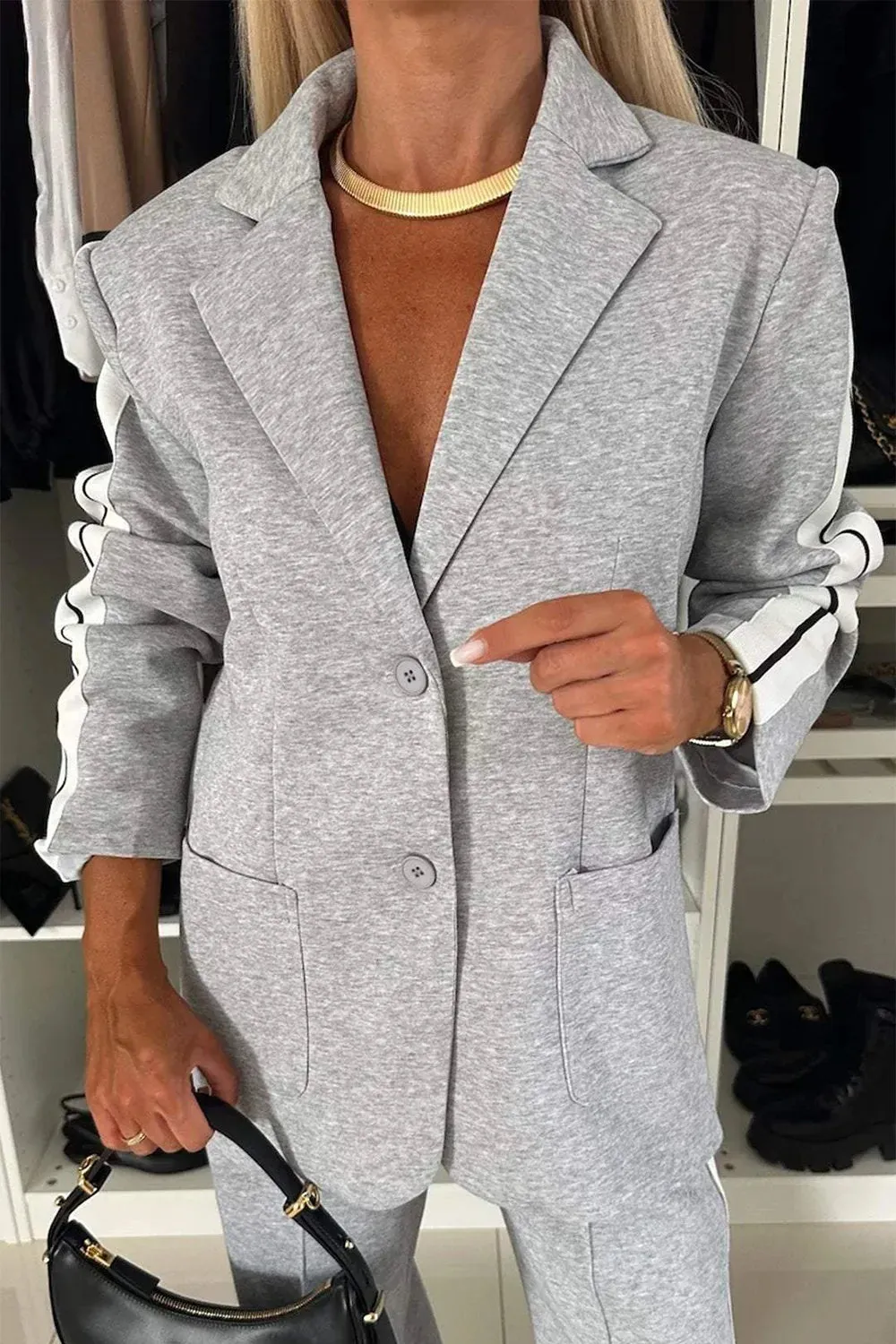 Full Size Contrast Lapel Collar Top and Pants Set sold by Unique Kulture product image thumbnail 3