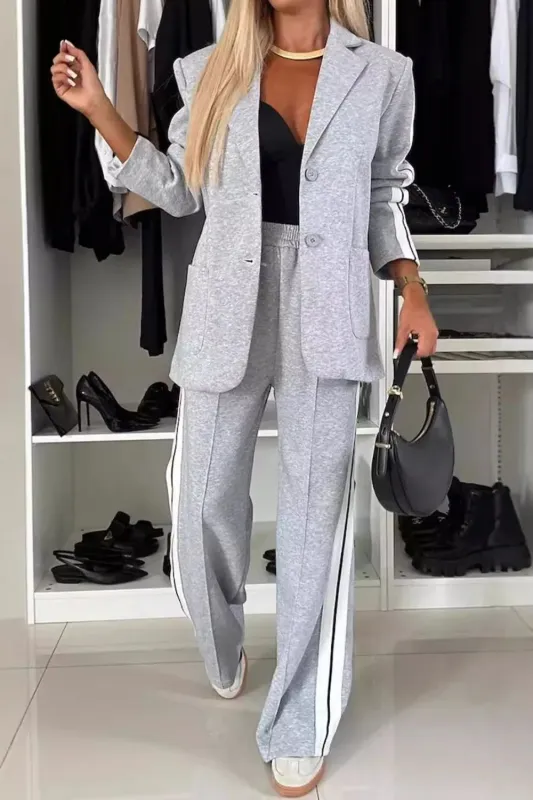 Full Size Contrast Lapel Collar Top and Pants Set made by Trendsi