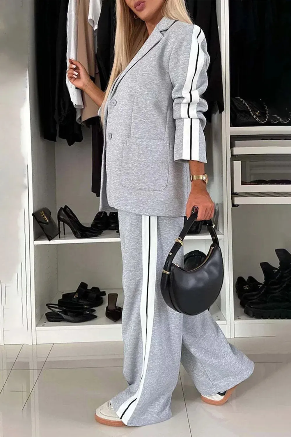 Full Size Contrast Lapel Collar Top and Pants Set sold by Unique Kulture product image thumbnail 2