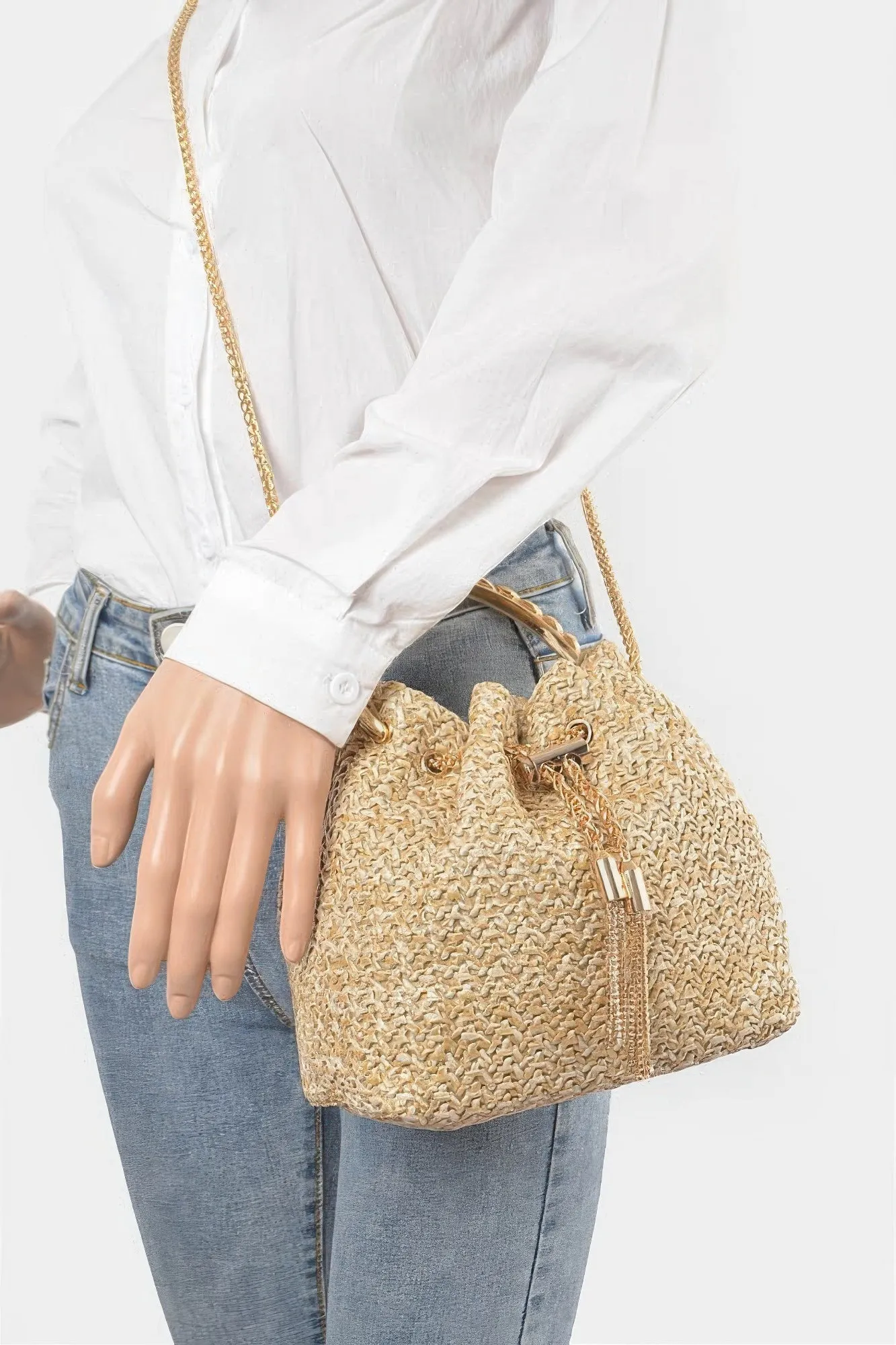 Faux Straw Bucket Bag W/stone Handle sold by Unique Kulture product image thumbnail 2