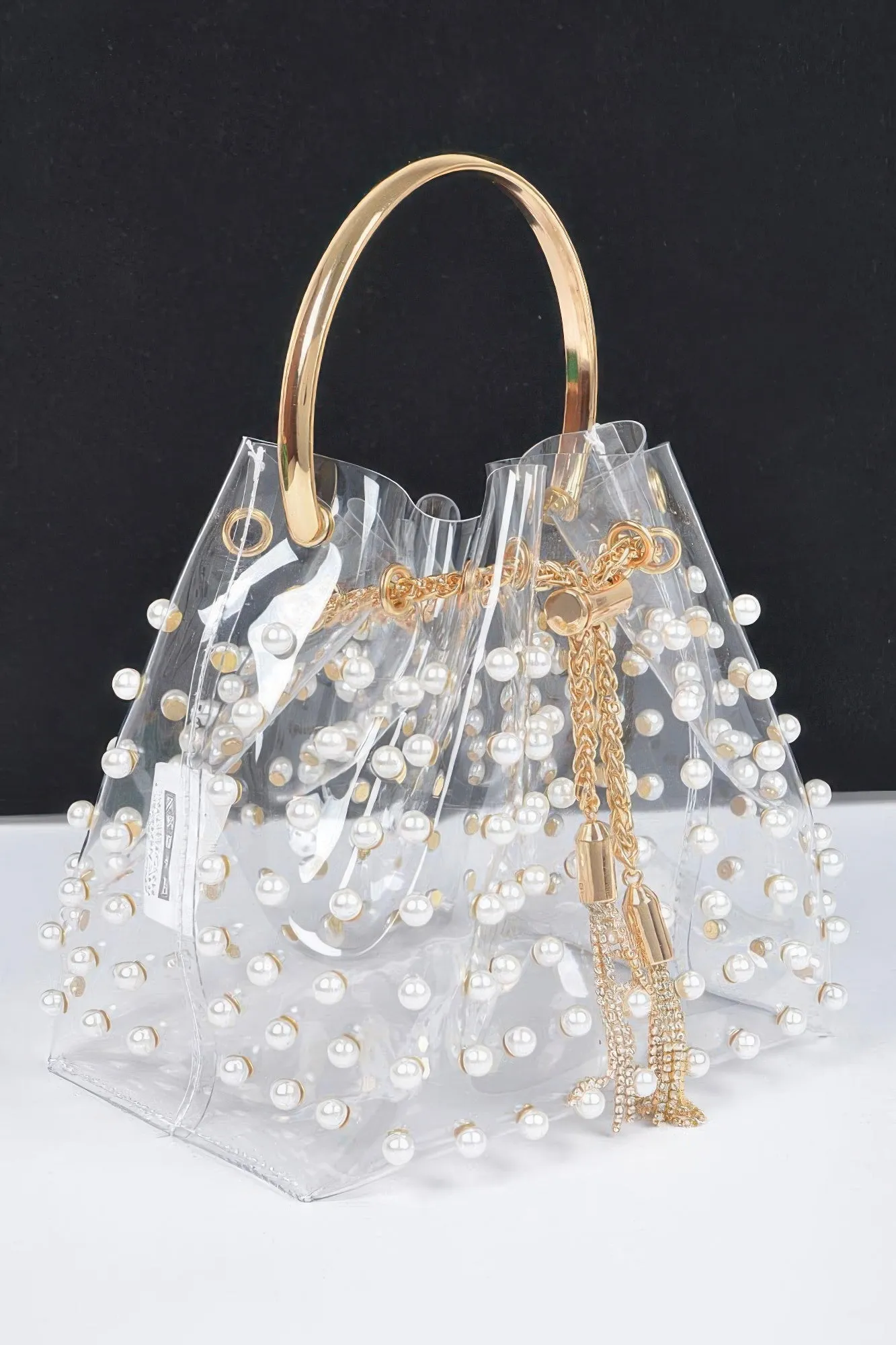 Clear Pearl Stud Bucket Bag W/chain Tassle sold by Unique Kulture product image thumbnail 2
