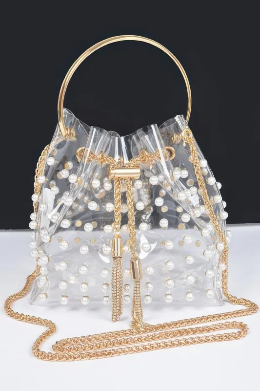 Clear Pearl Stud Bucket Bag W/chain Tassle sold by Unique Kulture