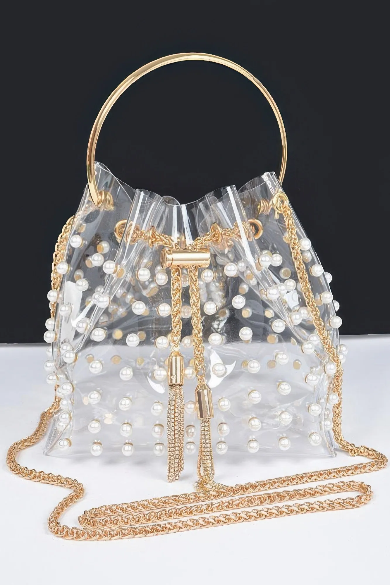 Clear Pearl Stud Bucket Bag W/chain Tassle sold by Unique Kulture