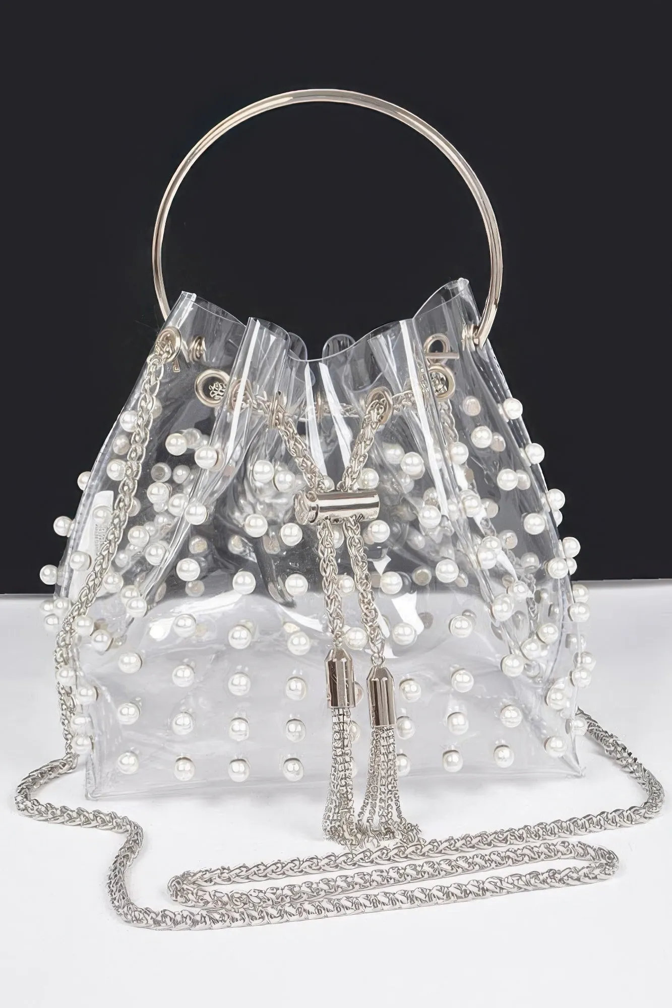 Clear Pearl Stud Bucket Bag W/chain Tassle sold by Unique Kulture product image thumbnail 5