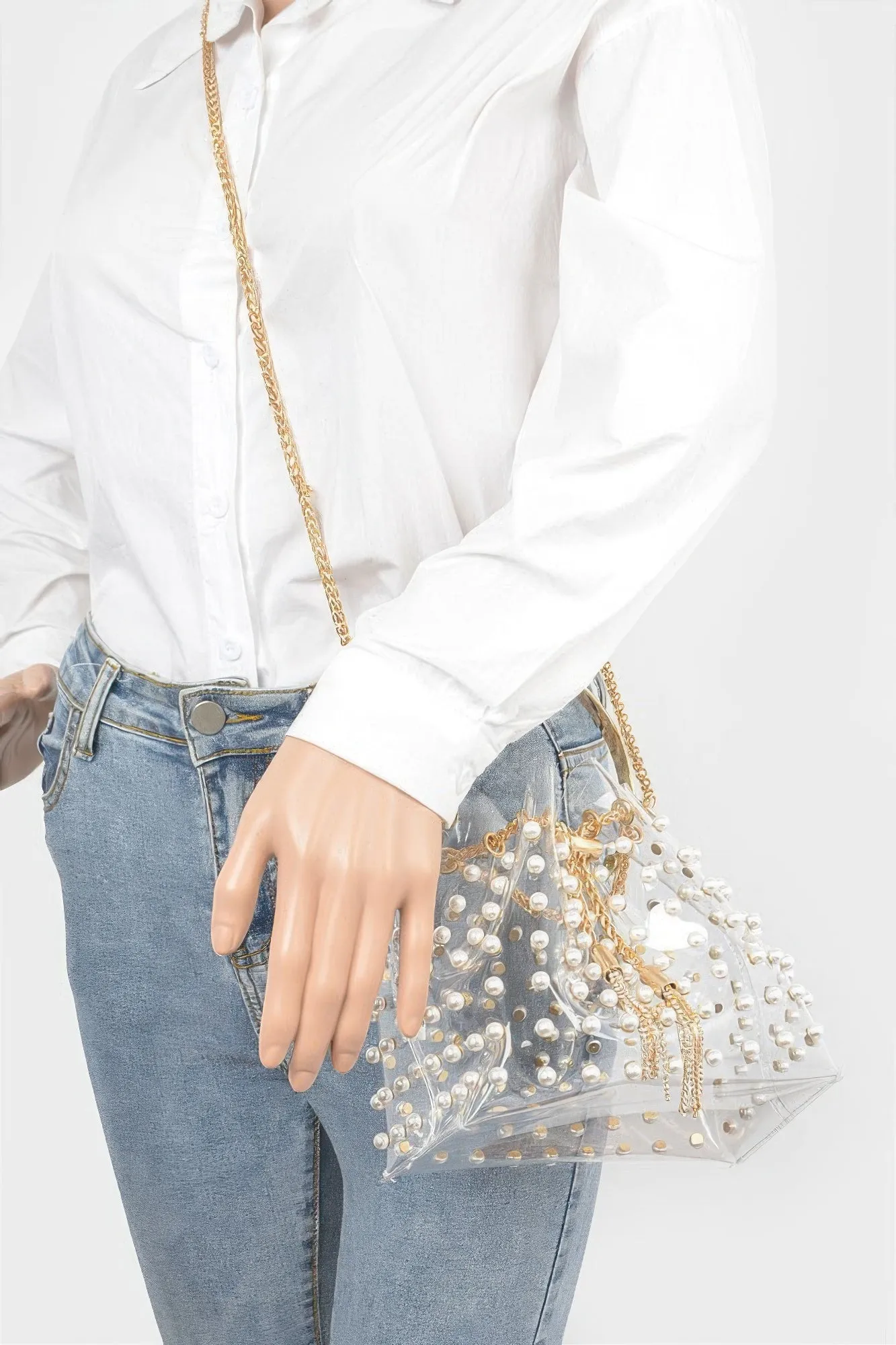 Clear Pearl Stud Bucket Bag W/chain Tassle sold by Unique Kulture product image thumbnail 3