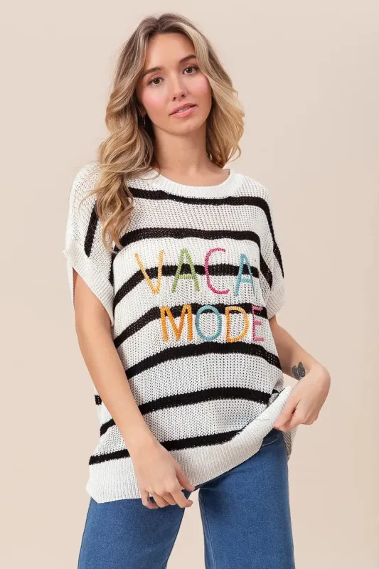 BiBi Vacay Mode Lettering Drop Shoulder Striped Sweater made by Trendsi
