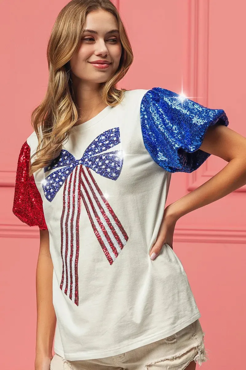 BiBi Sequin American Flag Bow Top sold by Unique Kulture