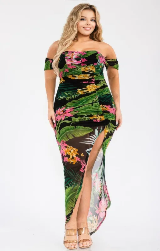 Plus Tropical Off Shoulder Draped Slv Maxi Dress sold by Unique Kulture