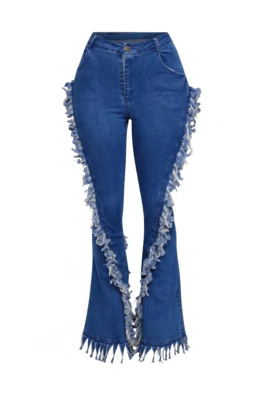 Distressed Fringe Denim Flared Pant sold by Unique Kulture